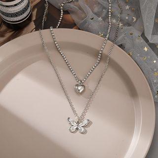 Rhinestone Heart Butterfly Layered Necklace Silver - One Size