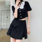 Set: Short-sleeve Two-tone Shirt + Bow Accent Skort