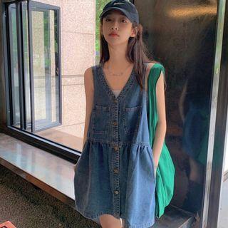 Sleeveless V-neck Button-front Denim Mini Dress