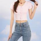 Round-neck Ruffle Trim Plain Short-sleeve Top