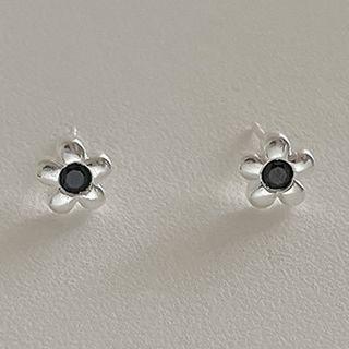 Floral Stud Earring 1 Pair - Black Flower - Silver - One Size