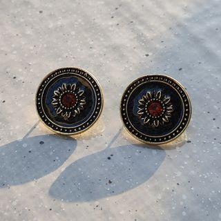 Flower Stud Earring 1 Pair - 1508 - Dark Gray & Red & Black - Gold - One Size