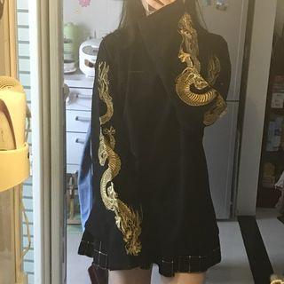 Couple Matching Dragon Embroidery Sweatshirt Black - One Size
