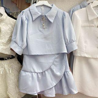 Set : Peter Pan Collar Shirt + High-waist Skirt