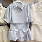 Set : Peter Pan Collar Shirt + High-waist Skirt