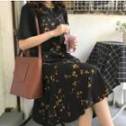 Set: Plain Elbow Sleeve T-shirt + Floral Print Spaghetti Strap Dress
