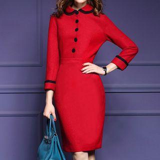 3/4-sleeve Woolen Sheath Dress