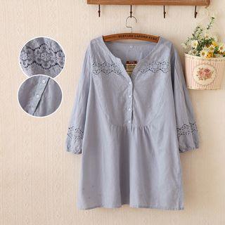 Perforated Flower Embroidered Elbow Sleeve Top