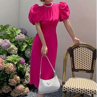 Puff-sleeve Mock-neck Midi Sheath Dress