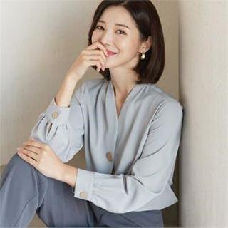 V-neck Metal Button Trim Blouse