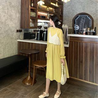 Set: Plain Long-sleeve Shift Dress + Crochet Knit Cropped Camisole