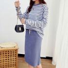 Set: Striped Sweater + Plain Midi Straight-fit Skirt