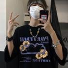 Elbow-sleeve Chrysanthemum Print T-shirt