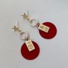 Star Chinese Characters Alloy Disc Faux Pearl Dangle Earring 1 Pair - Red & Gold - One Size