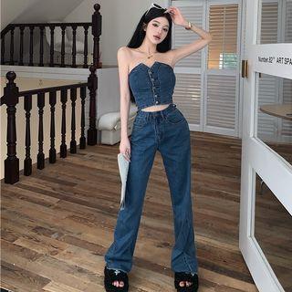 Button-up Denim Tube Top / Wide Leg Jeans