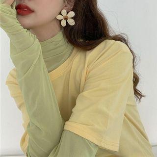 Elbow-sleeve Plain T-shirt / Long-sleeve Sheer Top