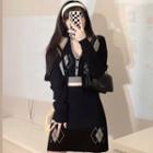 Long-sleeve Argyle Cardigan / Contrast Trim Knit Camisole Top / Mini Skirt