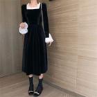 Long-sleeve Square-neck Midi A-line Velvet Dress