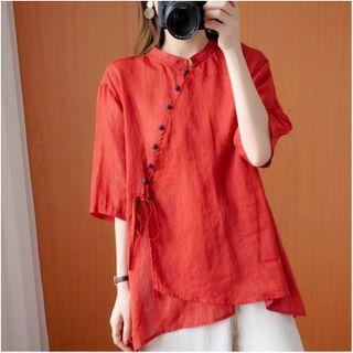 Elbow-sleeve Tie-strap Plain Blouse