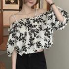 Elbow-sleeve Cold Shoulder Floral Print Top Black Print - White - One Size