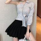 Striped One Shoulder 3/4-sleeve Top / High Waist Skort
