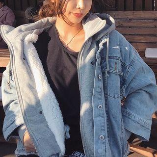 Mock Two-piece Faux Shearling Hooded Denim Jacket