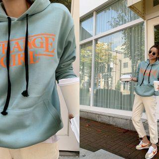 Letter Print Fleece-lined Hoodie Sky Blue - One Size