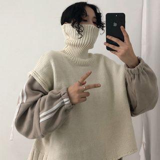 Mock Two-piece Turtleneck Knit Panel Pullover
