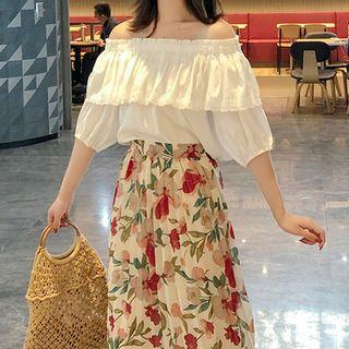 Ruffle Trim Elbow-sleeve Top / Floral Midi A-line Skirt
