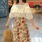 Ruffle Trim Elbow-sleeve Top / Floral Midi A-line Skirt