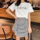 Short-sleeve Lettering T-shirt / Gingham Ruffled A-line Skirt / Set