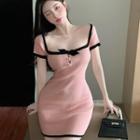 Short-sleeve Bow Mini Sheath Dress Dress - Pink - One Size