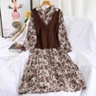 Set: Puff-sleeve Floral Print Midi A-line Dress + Knit Vest