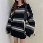 Lantern-sleeve Striped Sweater As Shown In Figure - One Size