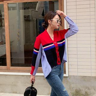 Inset Striped-shirt Color-block Cardigan