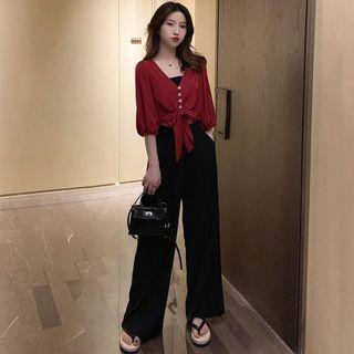 V-neck Elbow-sleeve Blouse / Wide-leg Pants / Set