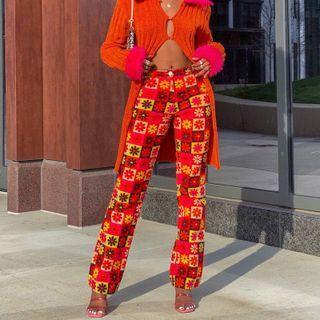 High Waist Plaid Floral Print Pants