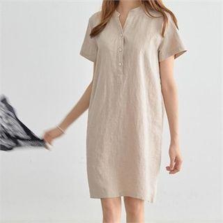 Open-placket Short-sleeve Shift Dress
