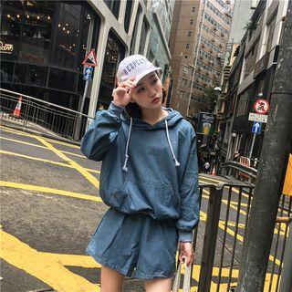 Set: Denim Hooded Top + Denim Shorts