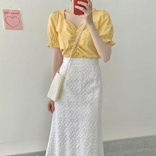 Puff-sleeve Top / Embroidered A-line Midi Skirt