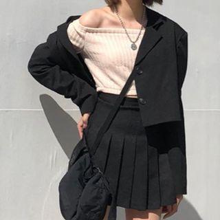Plain Collar Blazer / Plain Pleated Skirt