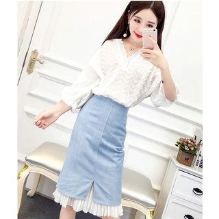 Set: V-neck 3/4-sleeve Blouse + Midi Skirt