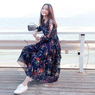 Tasseled Floral Print Long-sleeve Dress