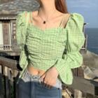 Cold-shoulder Plaid Blouse Green - One Size
