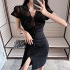 Short-sleeve Glitter Lace-up A-line Dress