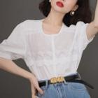 Cropped Round-neck Lace Panel Puff-sleeve Top White - One Size