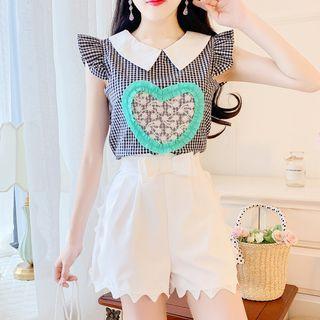 Set: Sleeveless Gingham Heart Ruffled Blouse + Shorts