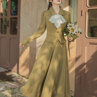 Set: Ruffled Single-breasted Jacket + Midi A-line Skirt