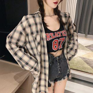 Cold Shoulder Plaid Shirt Plaid - Black & Almond - One Size
