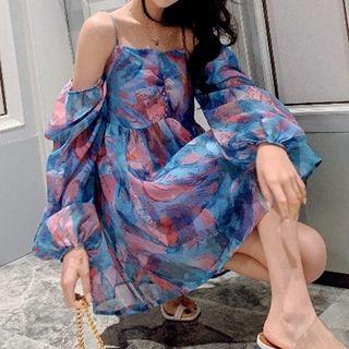 Removable Sleeve Printed Mini Chiffon Dress
